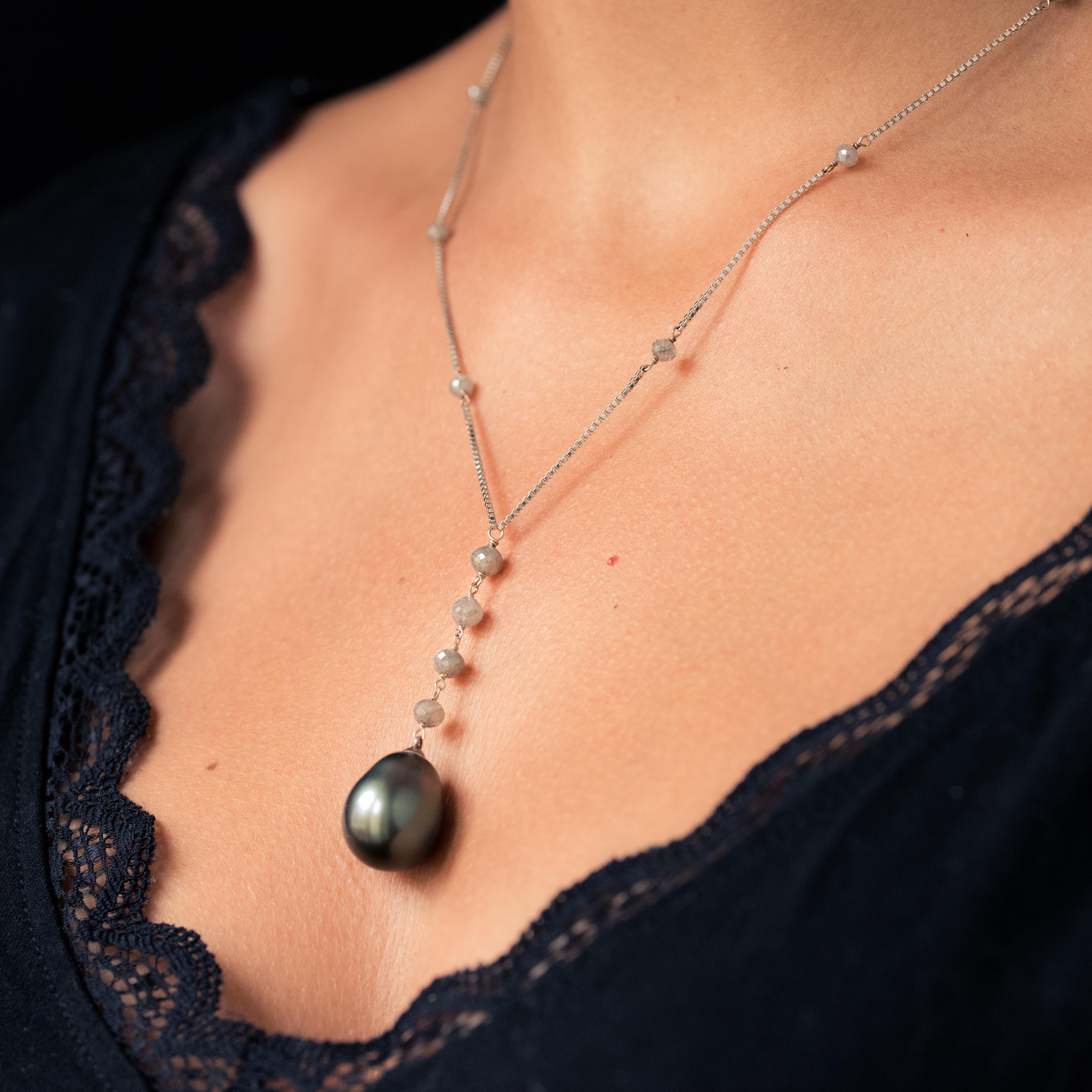 Creation Tahitian Pearls Diamond Pearls 18 Karat White Gold Necklace For Sale 1