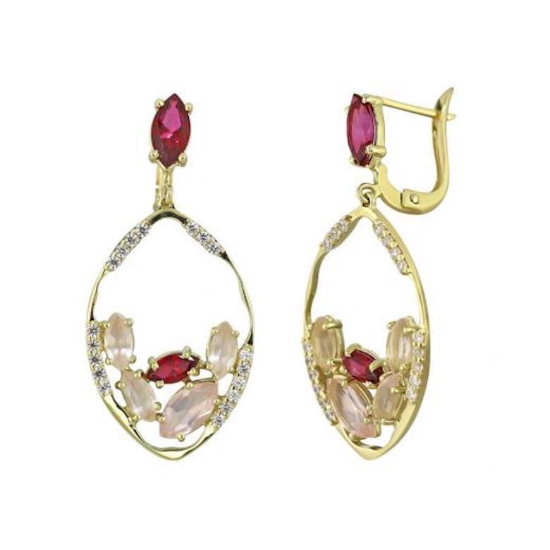 Modern Creative Pink Quartz Topaz Zirconia Yellow Gold Designer Earrings for Her For Sale