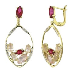 Creative Pink Quartz Topaz Zirconia Yellow Gold Designer Earrings for Her