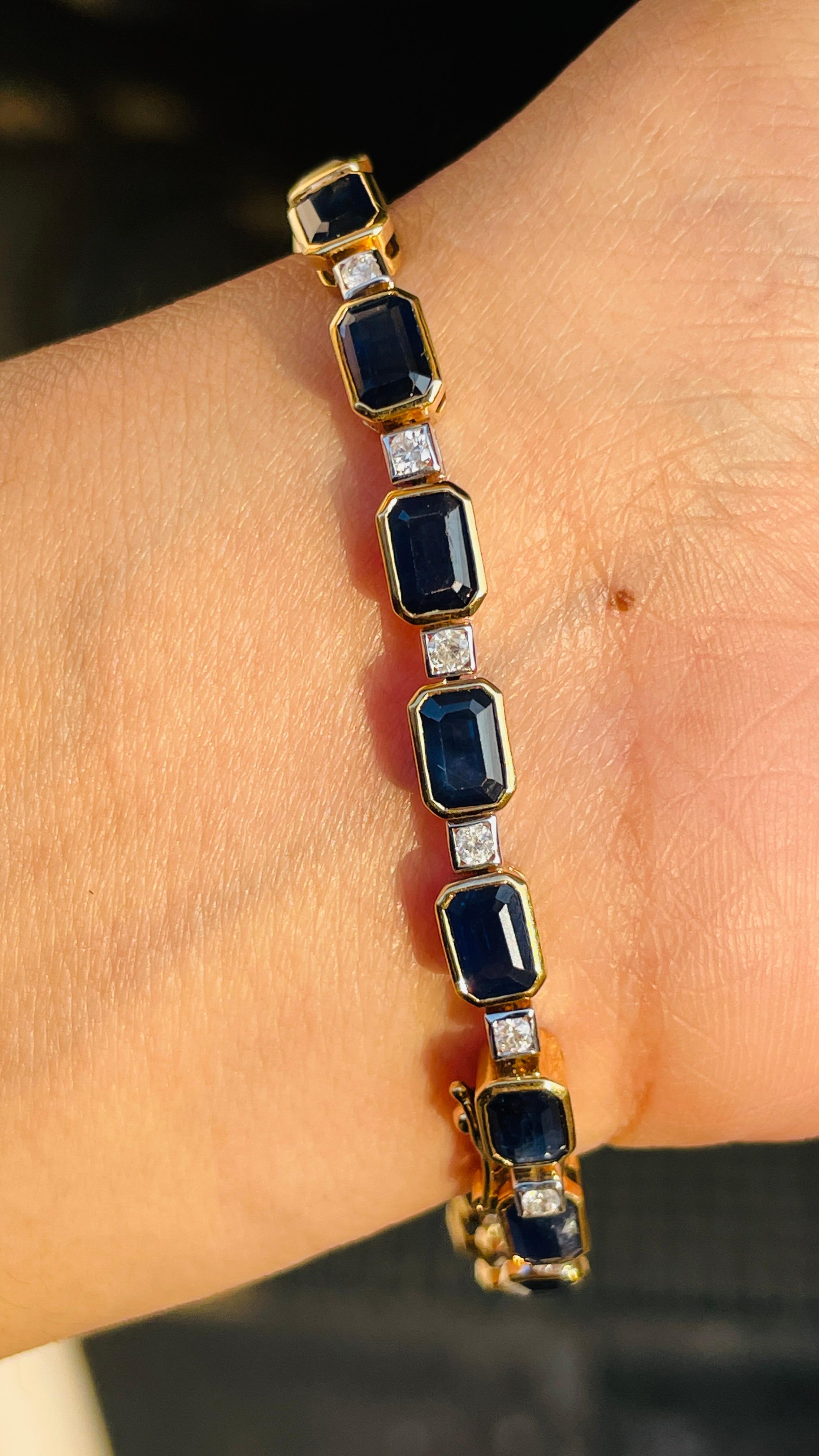 Blue sapphire and Diamond bracelet in 18K Gold. It has a perfect octagon cut gemstone to make you stand out on any occasion or an event.
A tennis bracelet is an essential piece of jewelry when it comes to your wedding day. The sleek and elegant