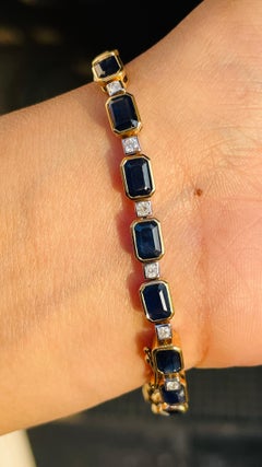 Stile creativo in oro giallo 18 carati con zaffiro blu e bracciale tennis di diamanti
