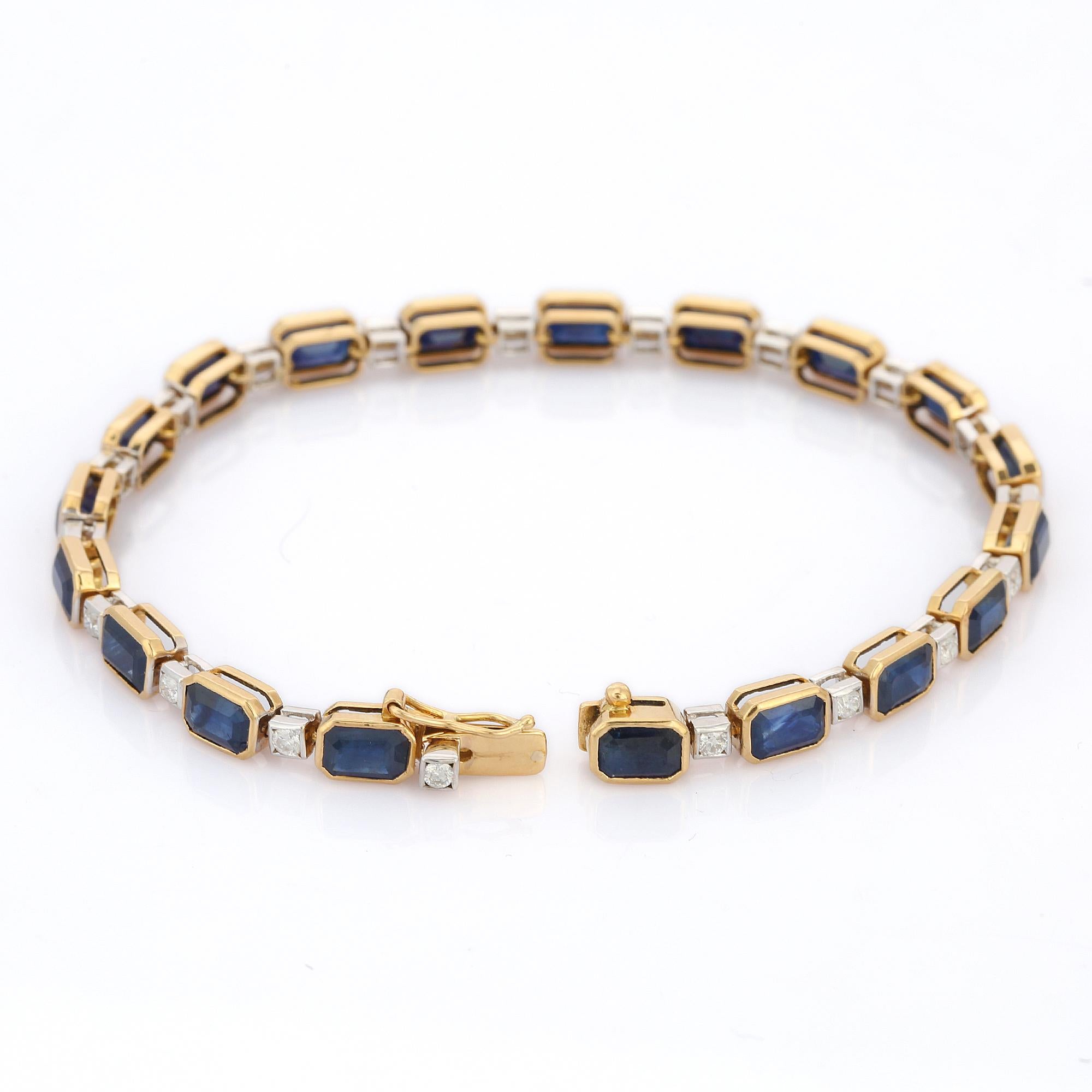Moderne Bracelet tennis de style créatif en or jaune 18 carats avec saphir bleu et diamants en vente