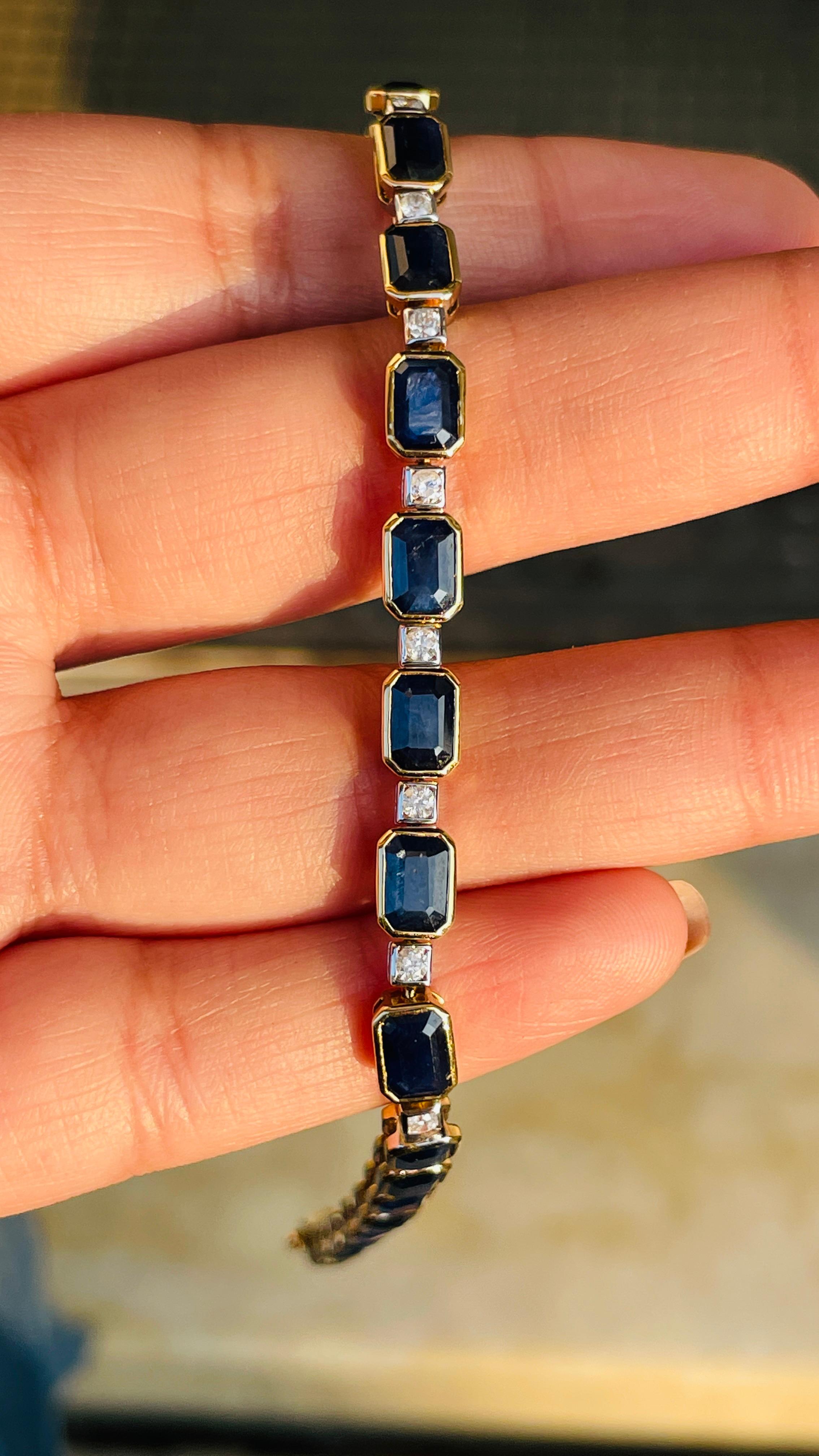 Creative Style in 18K Yellow Gold with Blue Sapphire and Diamond Tennis Bracelet In New Condition For Sale In Houston, TX