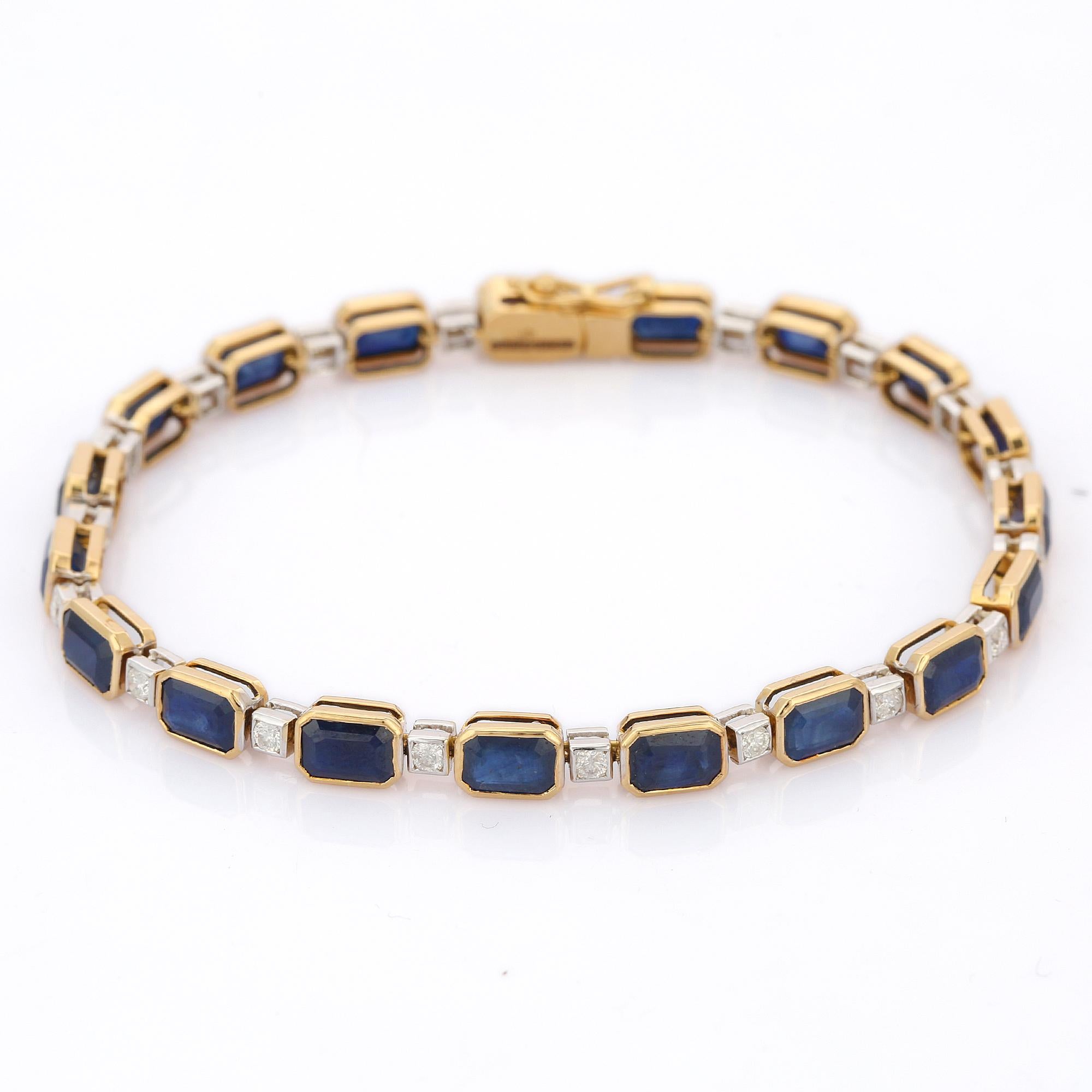 Women's Creative Style in 18K Yellow Gold with Blue Sapphire and Diamond Tennis Bracelet For Sale