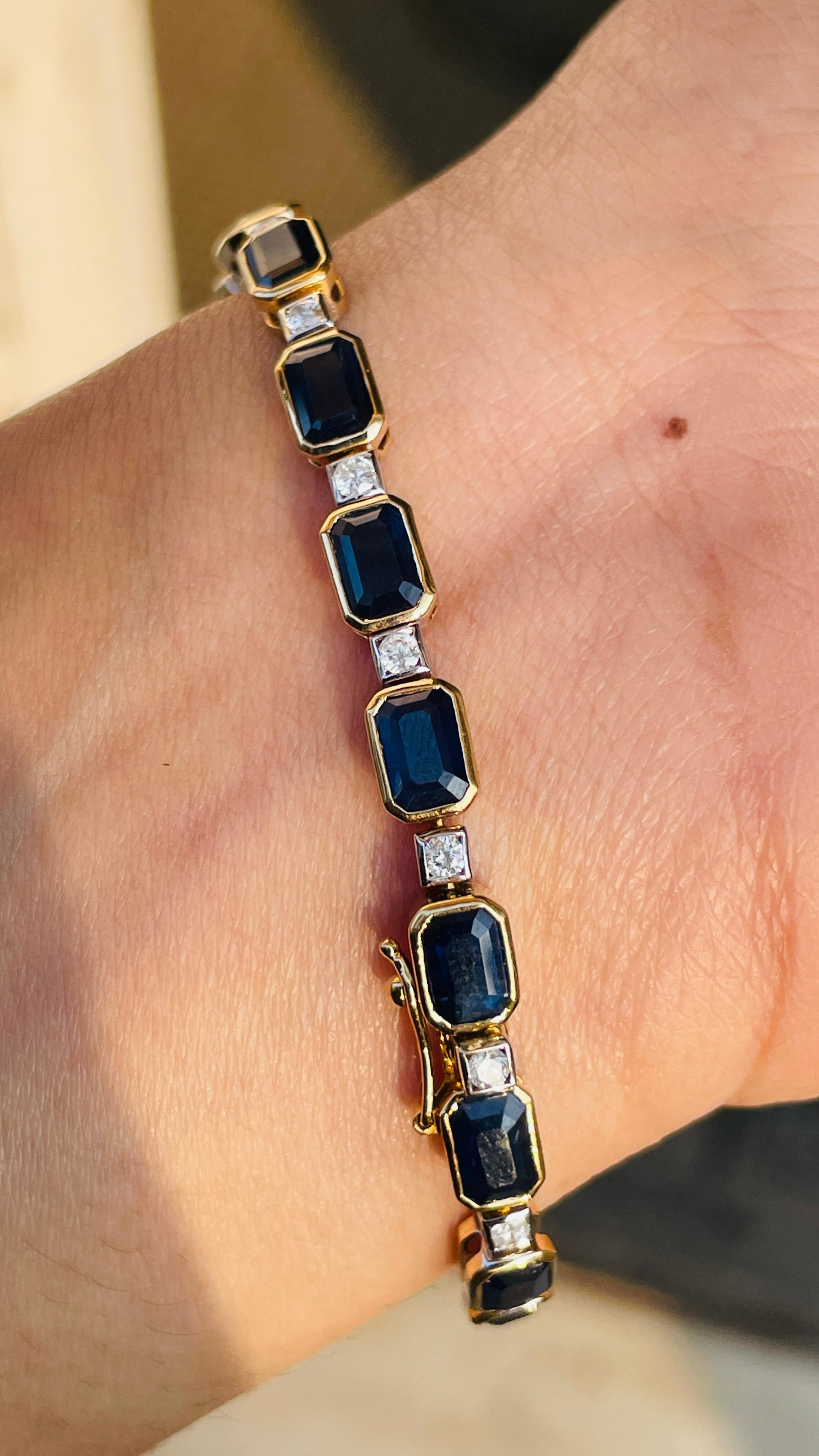 Creative Style in 18K Yellow Gold with Blue Sapphire and Diamond Tennis Bracelet For Sale 1