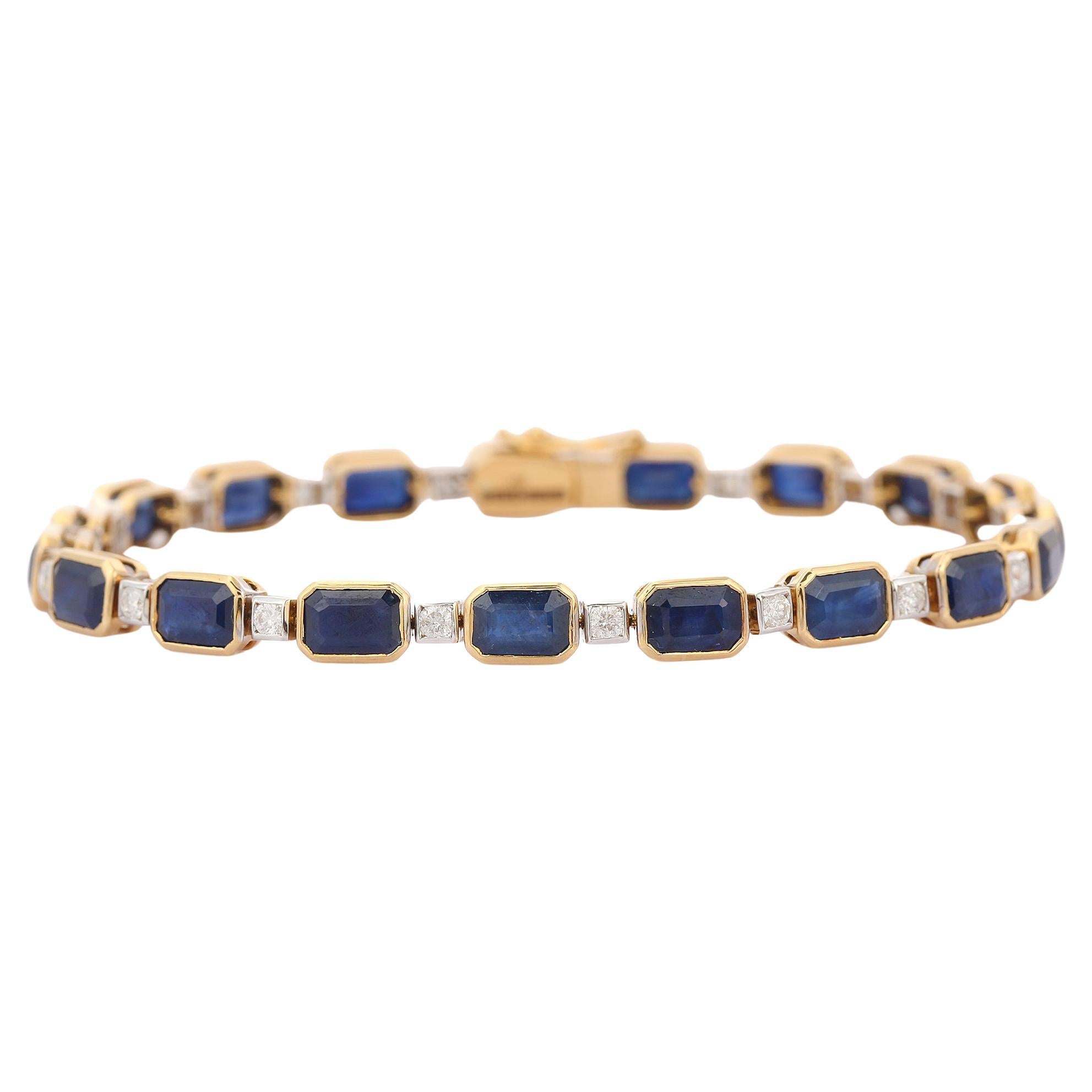 Bracelet tennis de style créatif en or jaune 18 carats avec saphir bleu et diamants