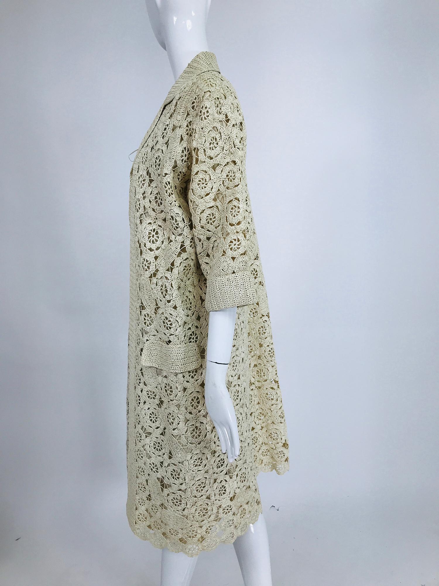 Women's Creazioni Paoli Firenze Coat & Dress Set of Cream Crocheted Raffia 1950s 