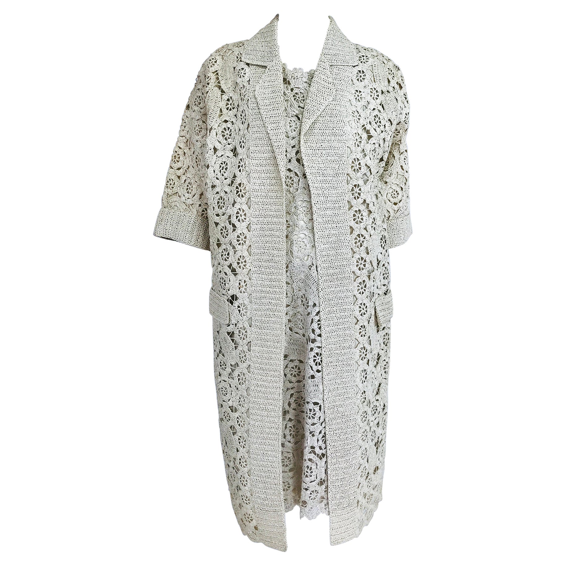 Creazioni Paoli Firenze Mantel & Kleid Satz von Creme gehäkelt Raffia 1950er Jahre