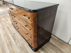 1950s Art Deco sideboard in briar and lacquered wood with a glass top