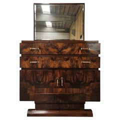 Buffet Art déco des années 40 en ronce de noyer avec miroir