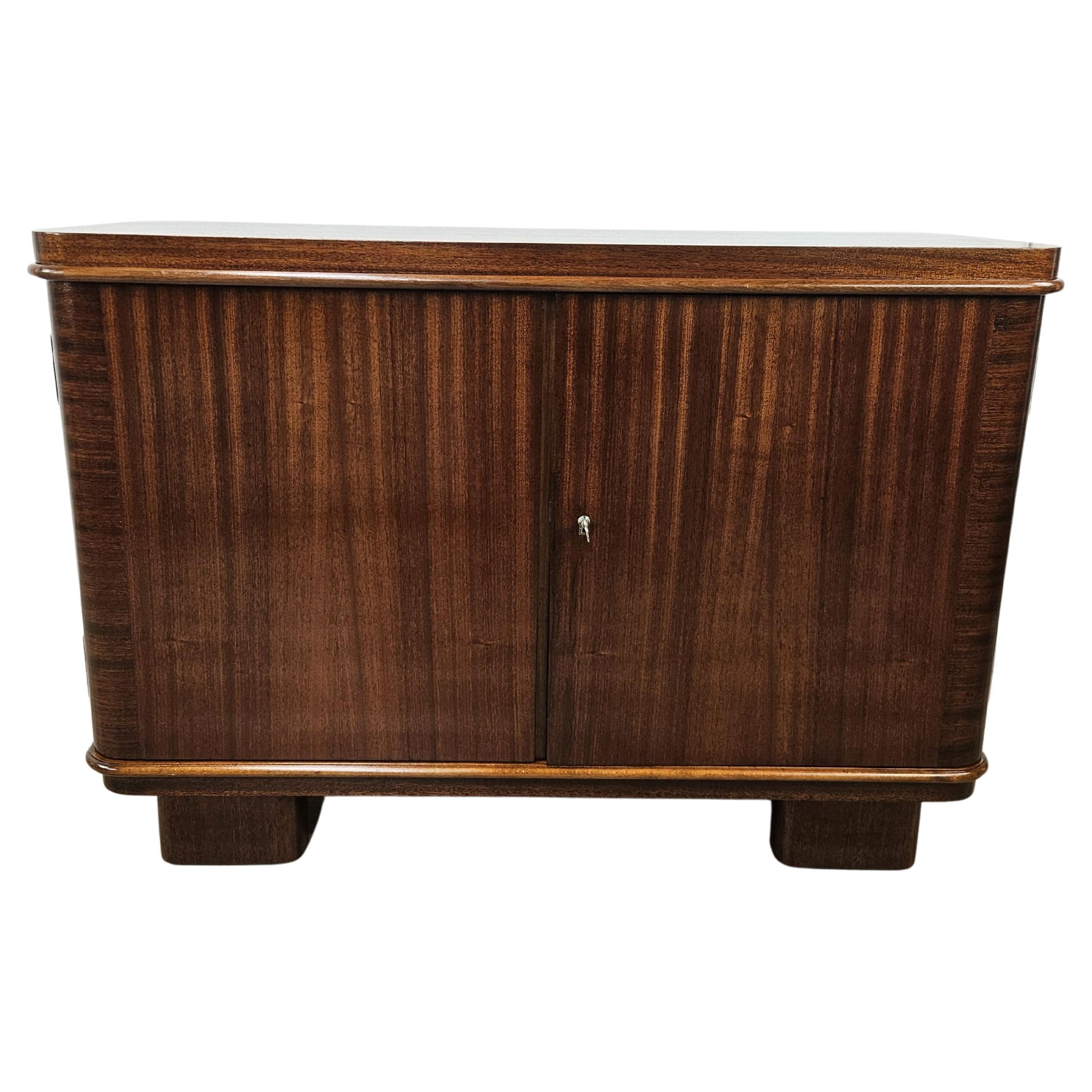 1950s walnut feather low sideboard with interior shelves and drawers