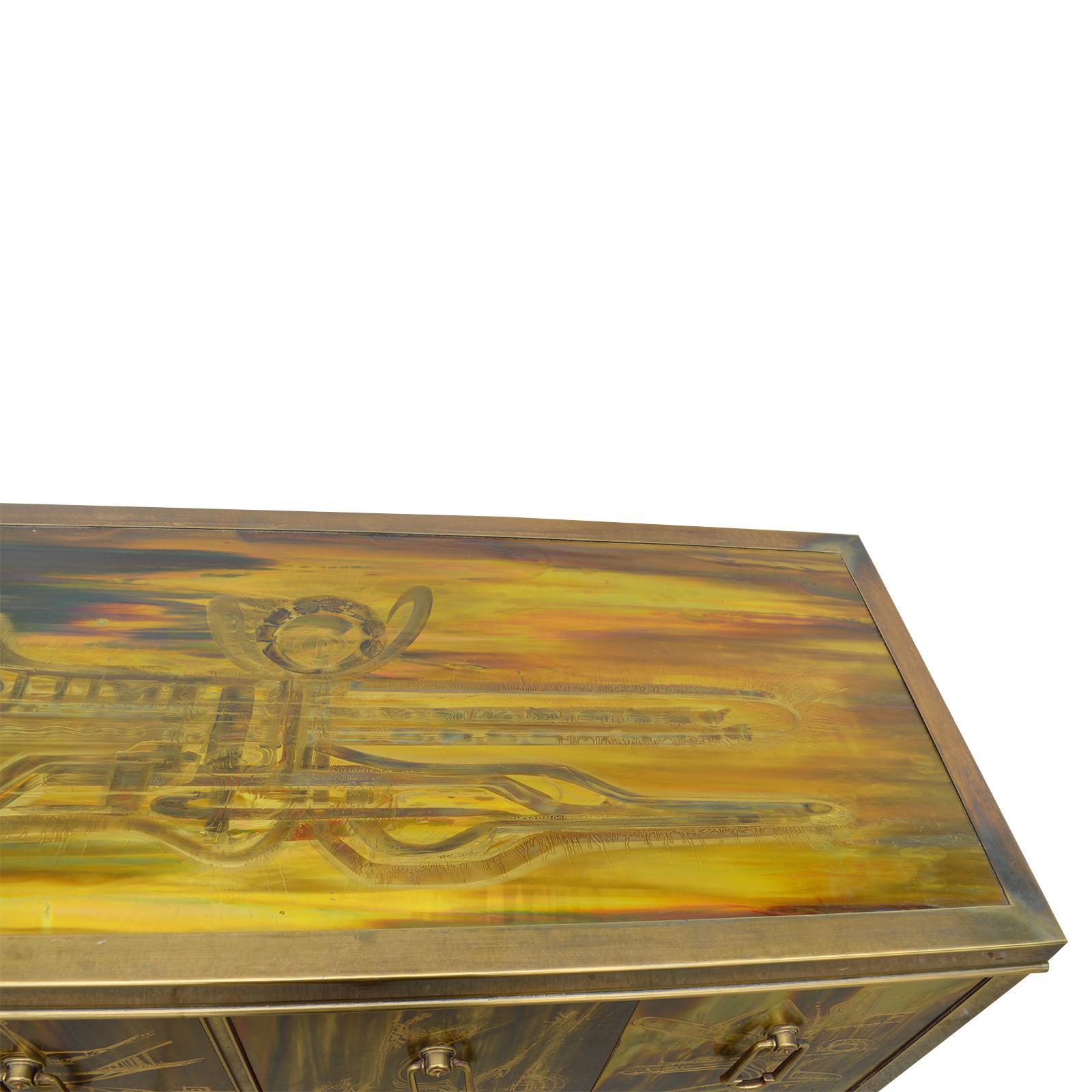 Credenza brass acid etched by Bernhard Rohne for Mastercraft 1970s.
  