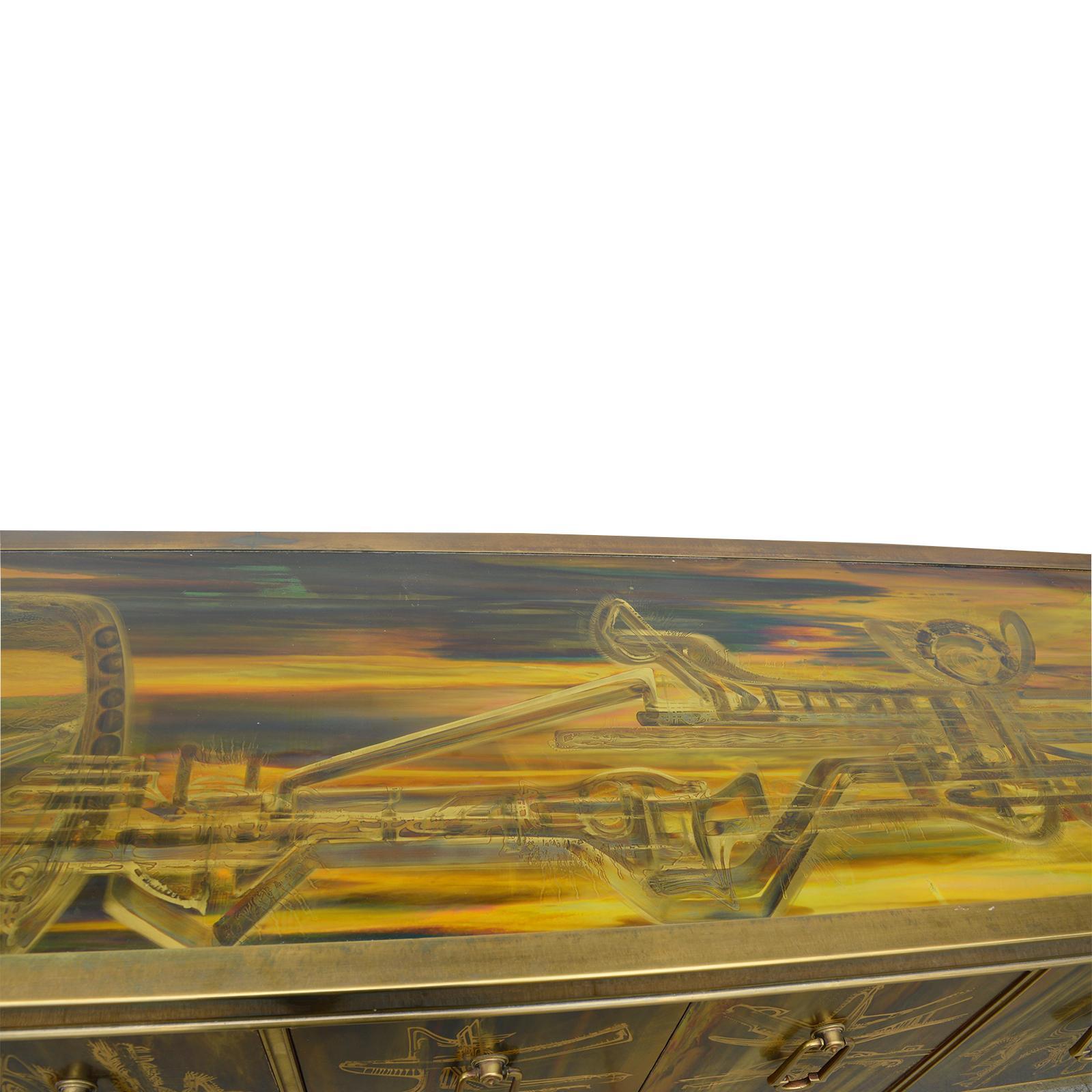 American Credenza Brass Acid Etched by Bernhard Rohne for Mastercraft, 1970s