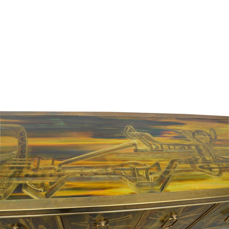American Credenza Brass Acid Etched by Bernhard Rohne for Mastercraft, 1970s For Sale