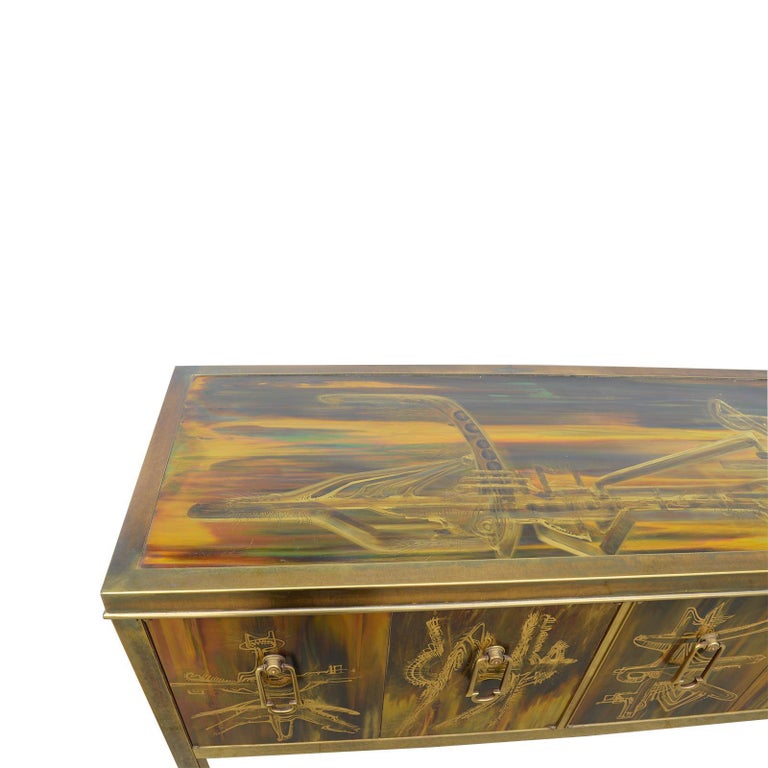 Credenza Brass Acid Etched by Bernhard Rohne for Mastercraft, 1970s In Excellent Condition For Sale In Los Angeles, CA