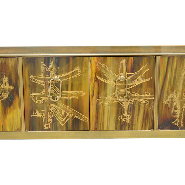 Late 20th Century Credenza Brass Acid Etched by Bernhard Rohne for Mastercraft, 1970s For Sale