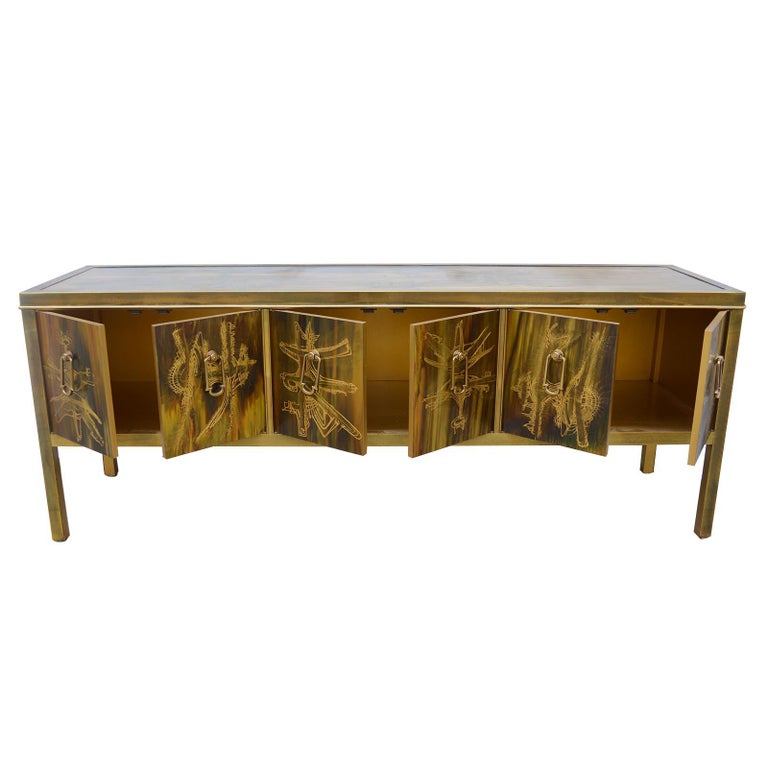 Credenza Brass Acid Etched by Bernhard Rohne for Mastercraft, 1970s For Sale 3