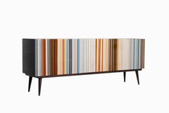 Credenza Buffhey Five Multicolored Glass Doors in Dark Wood Veneer Finish
