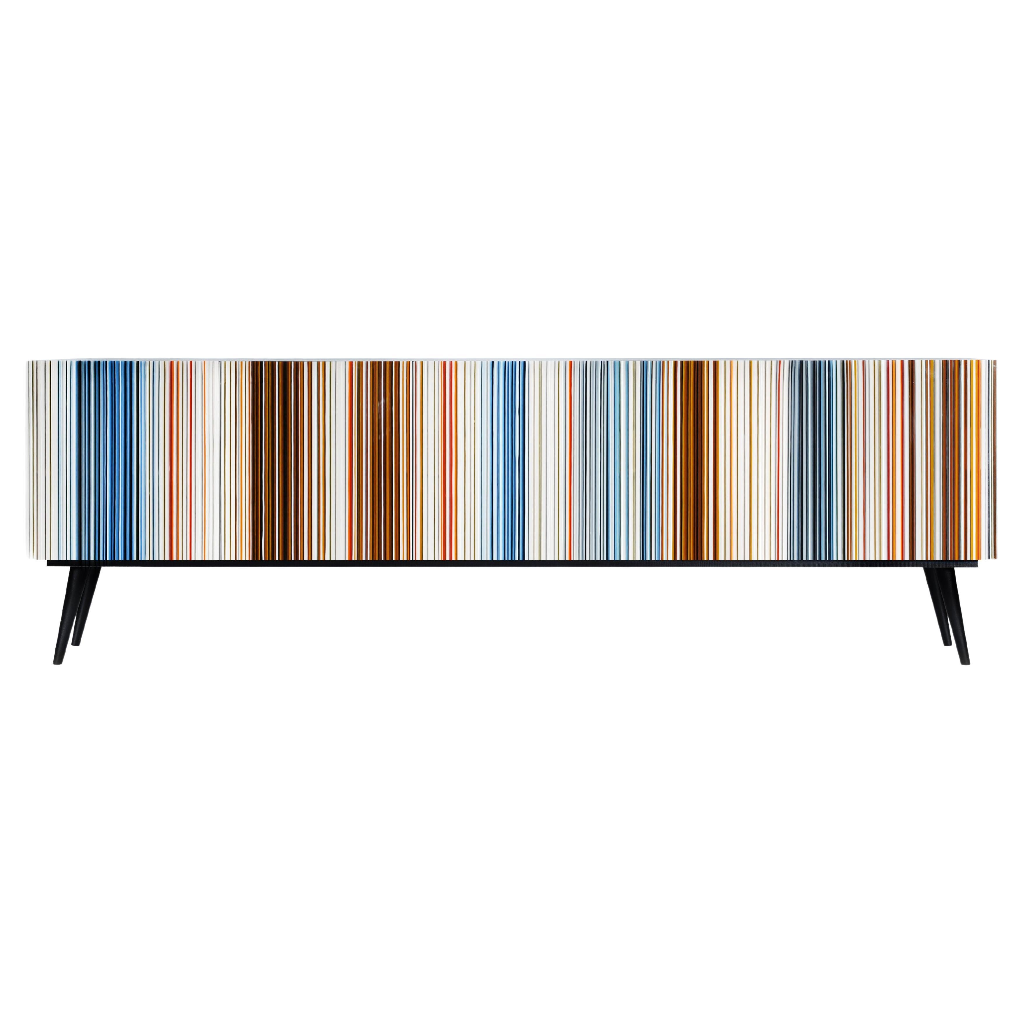 Credenza Buffhey Five Multicolored Glass Doors in Dark Wood Veneer Finish