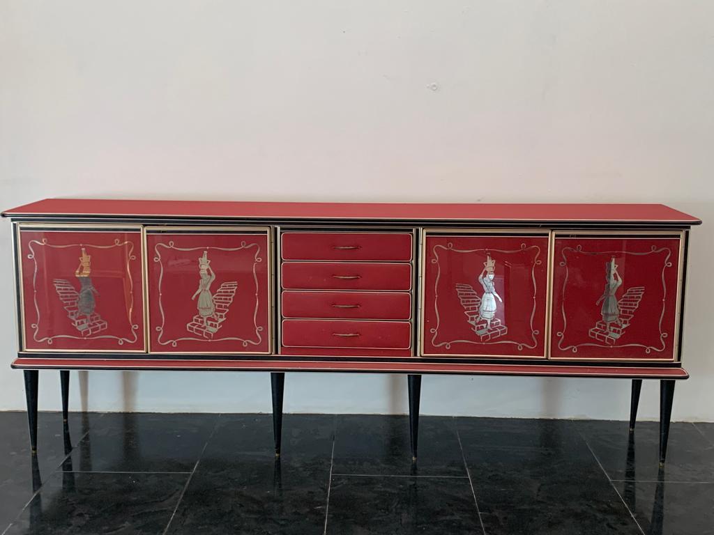 Italian Credenza by Umberto Mascagni Rosso Bordeaux, 1950s For Sale