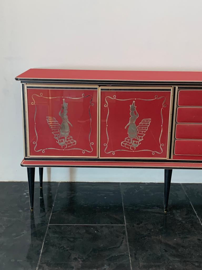Mid-20th Century Credenza by Umberto Mascagni Rosso Bordeaux, 1950s For Sale