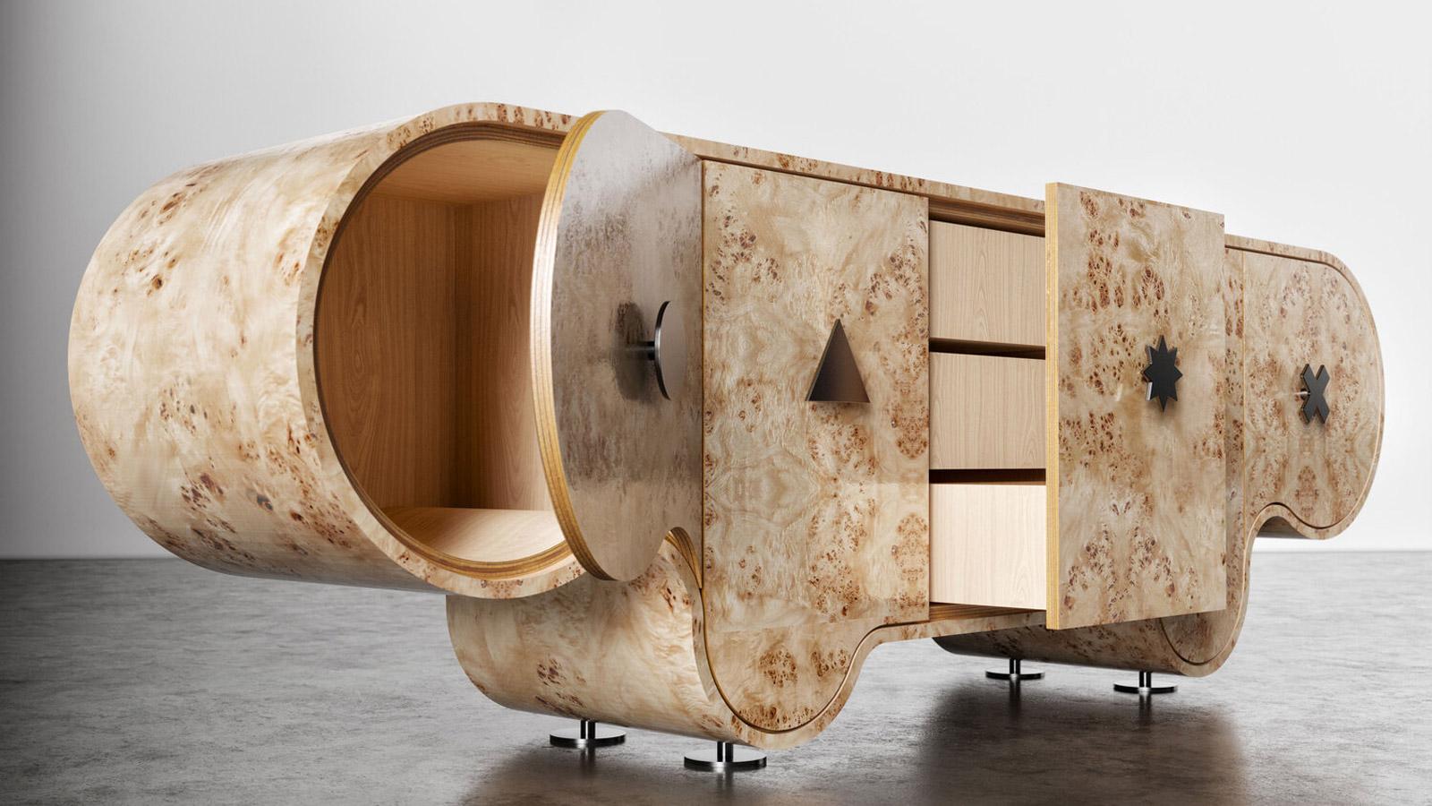 Credenza meuble bas sculptural conçu par l'Atelier Caracas est avec un tiroir à trois centres et quatre portes symétriques. Fabriqué en contreplaqué de bouleau baltique avec différentes finitions. Les boutons et les entretoises sont en acier noirci