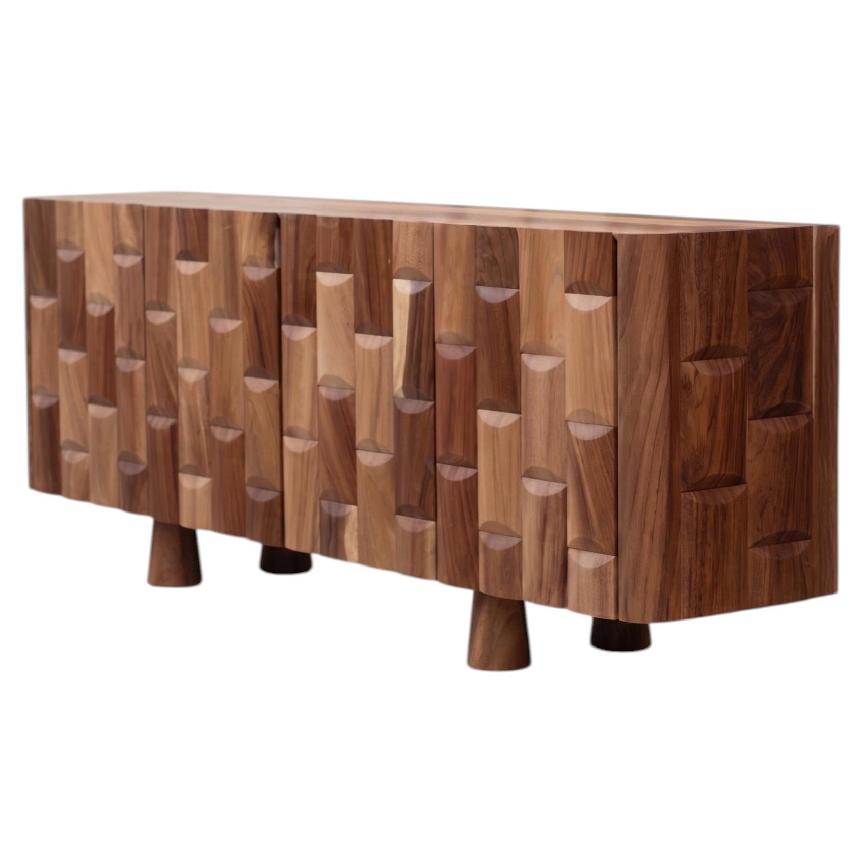 Credenza, Cabinet, Carved Parota Wood, Masonry Pattern, Mexico For Sale