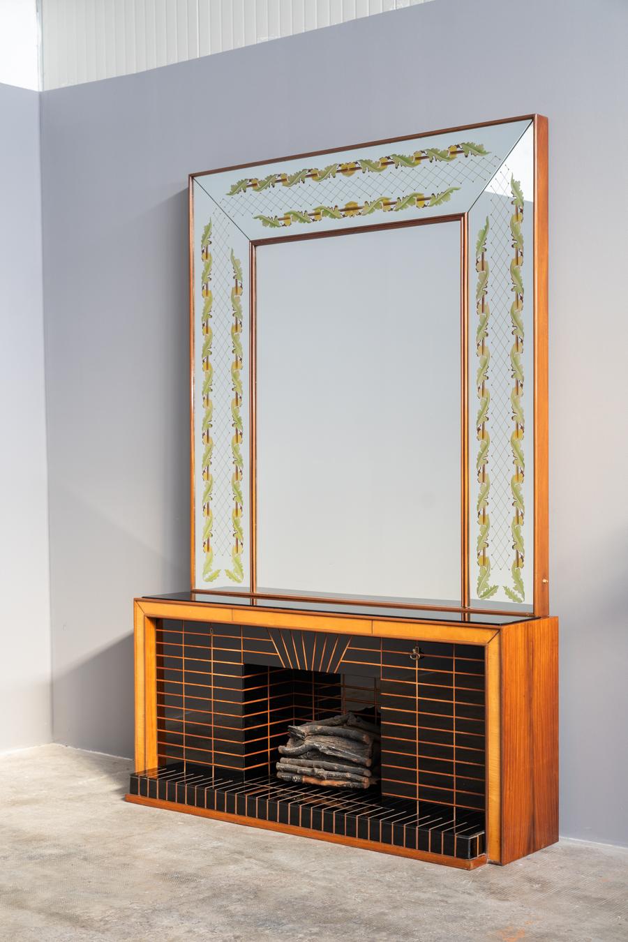 Sideboard with Mirror by Luigi Brusotti, 1940s
Chimney-shaped sideboard, tessellated in black opaline glass outlined by aceso profiles, the 45-degree closing door opens to a mirror mosaic interior, the top is black opaline, the body rosewood. The