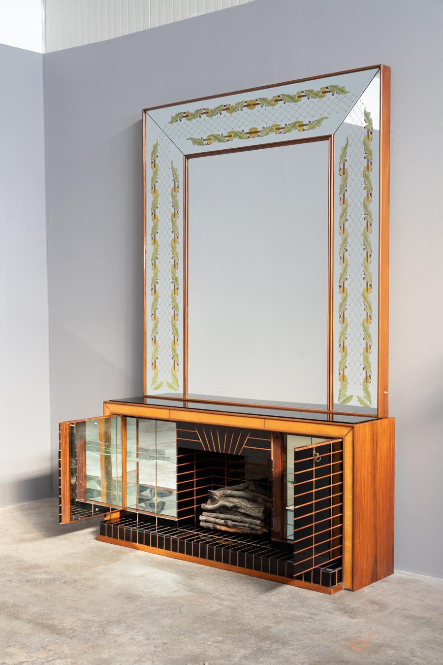 Opaline Glass Sideboard with Mirror by Luigi Brusotti, 1940s For Sale