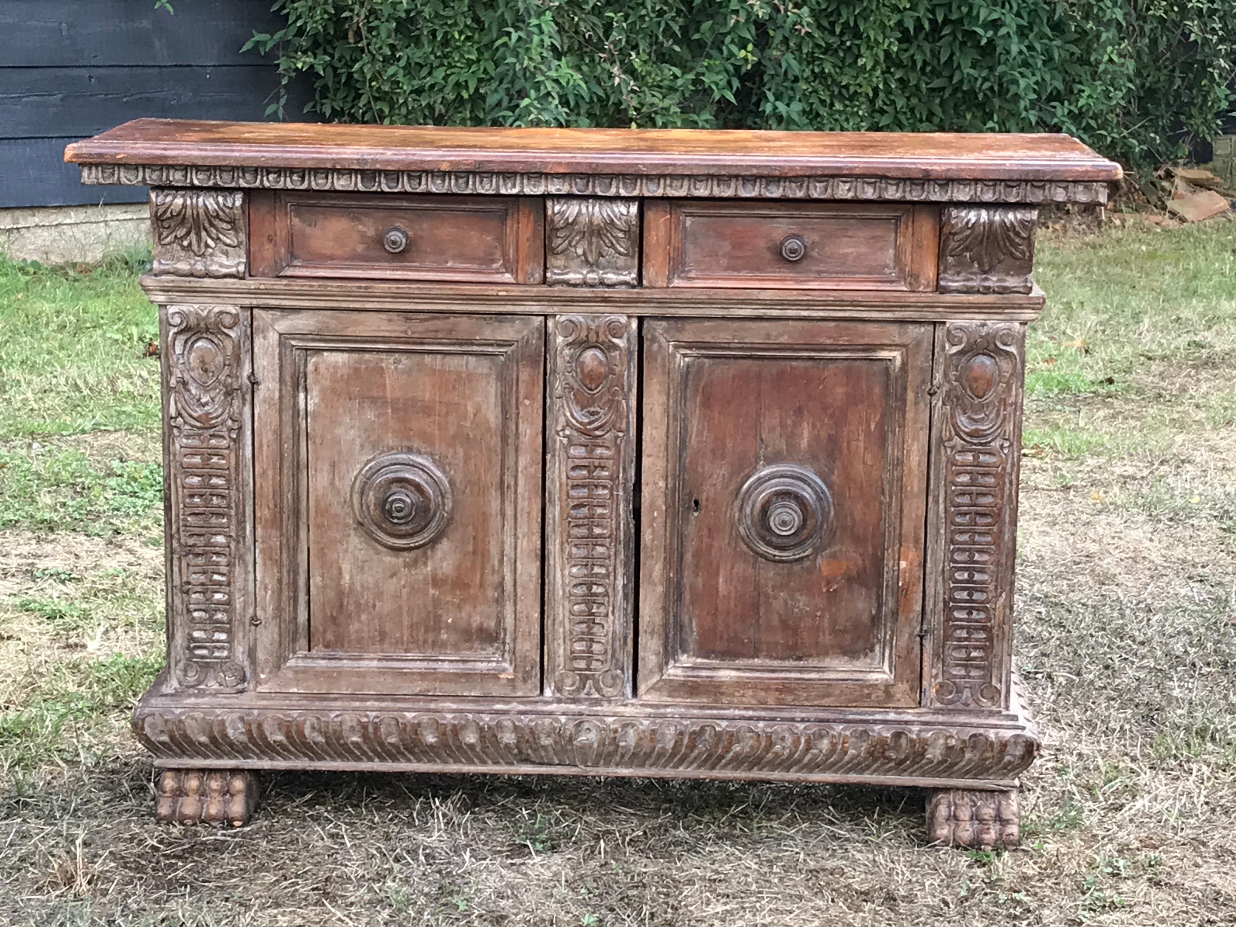 Credenza Cupboard Italian Walnut Carved Narrow In Good Condition For Sale In BUNGAY, SUFFOLK