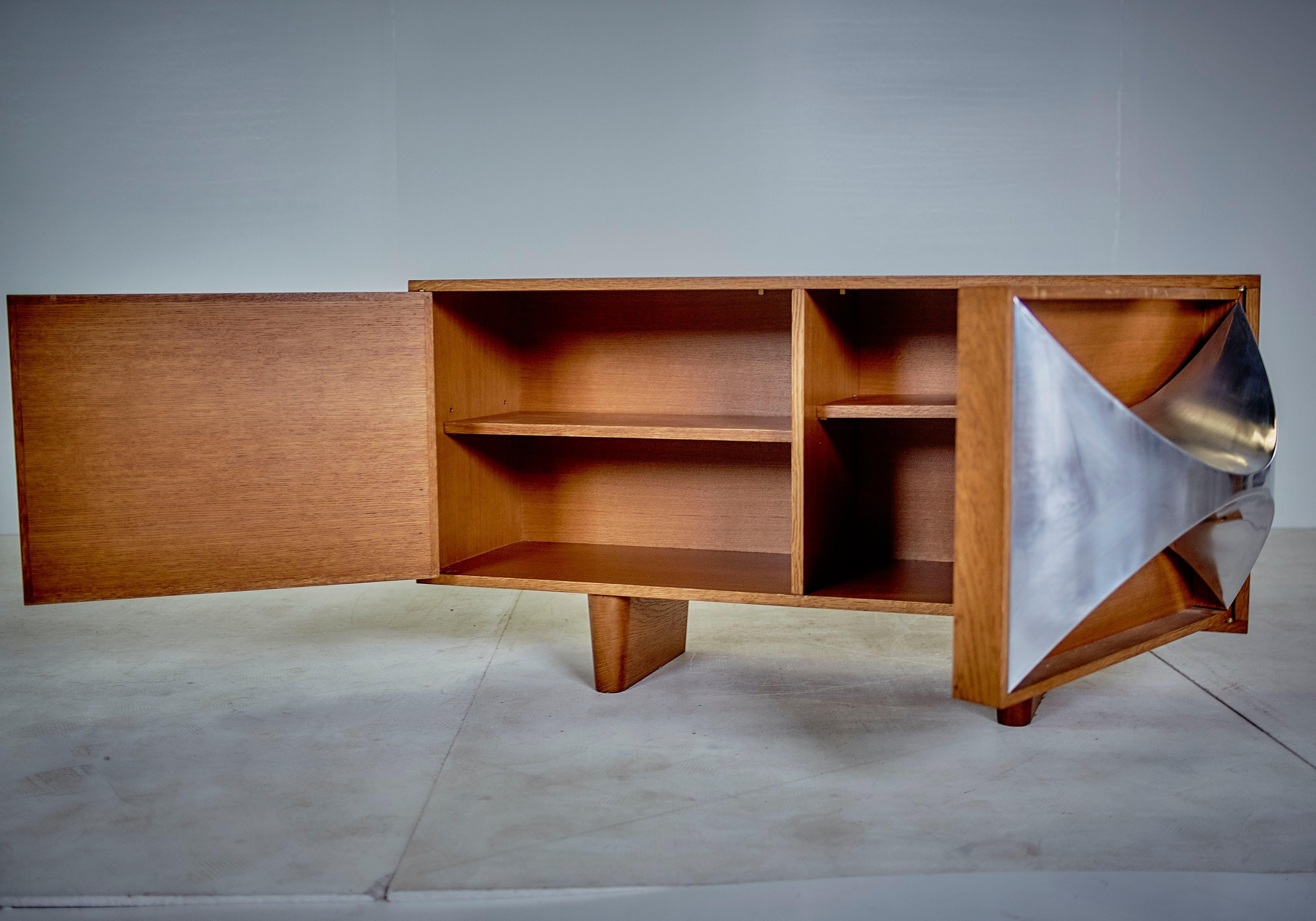 20th Century Raphaël Midcentury Stainless Steal and Oakwood French Credenzas, 1973