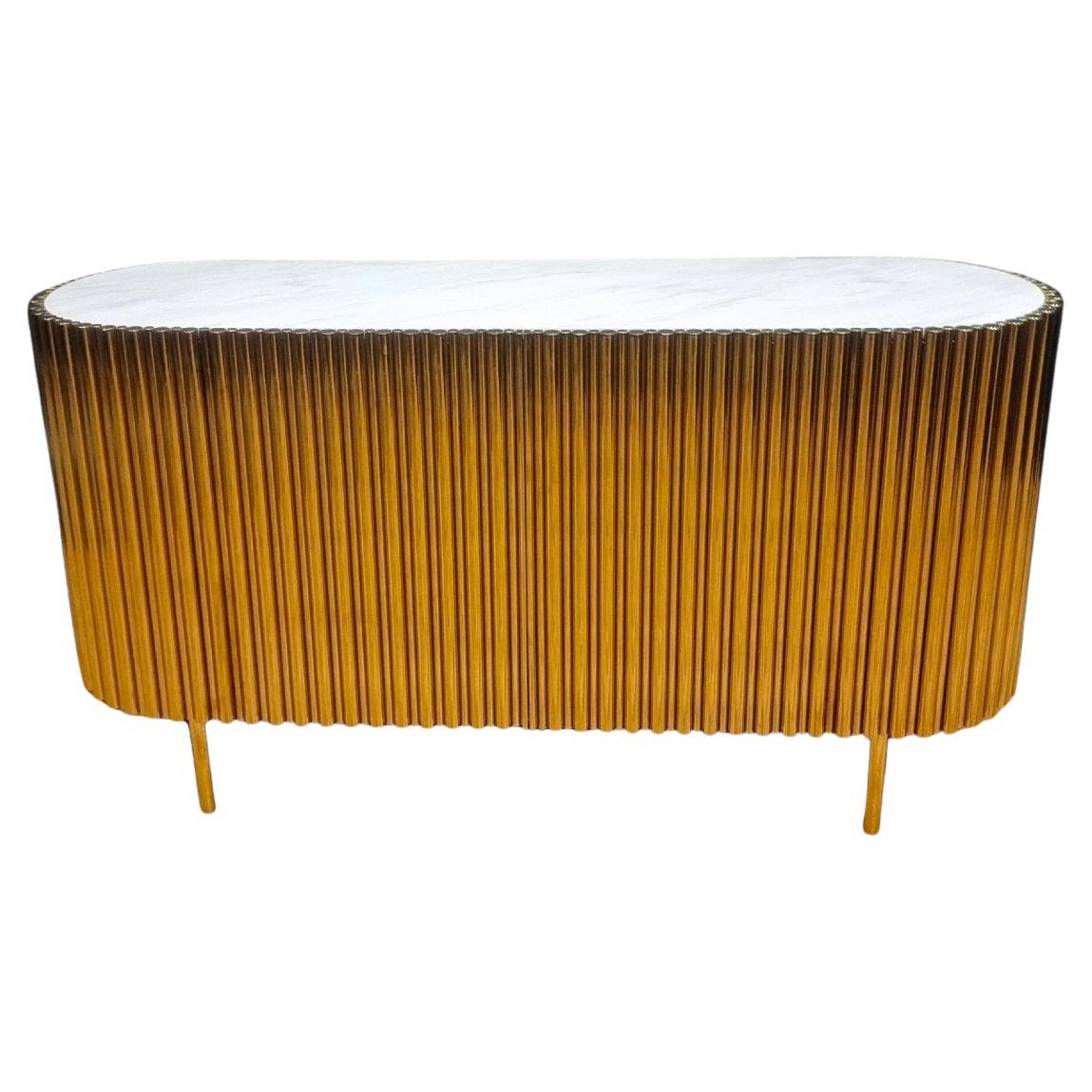 Credenza in Acciaio Dorato Vintage con Piano in Marmo