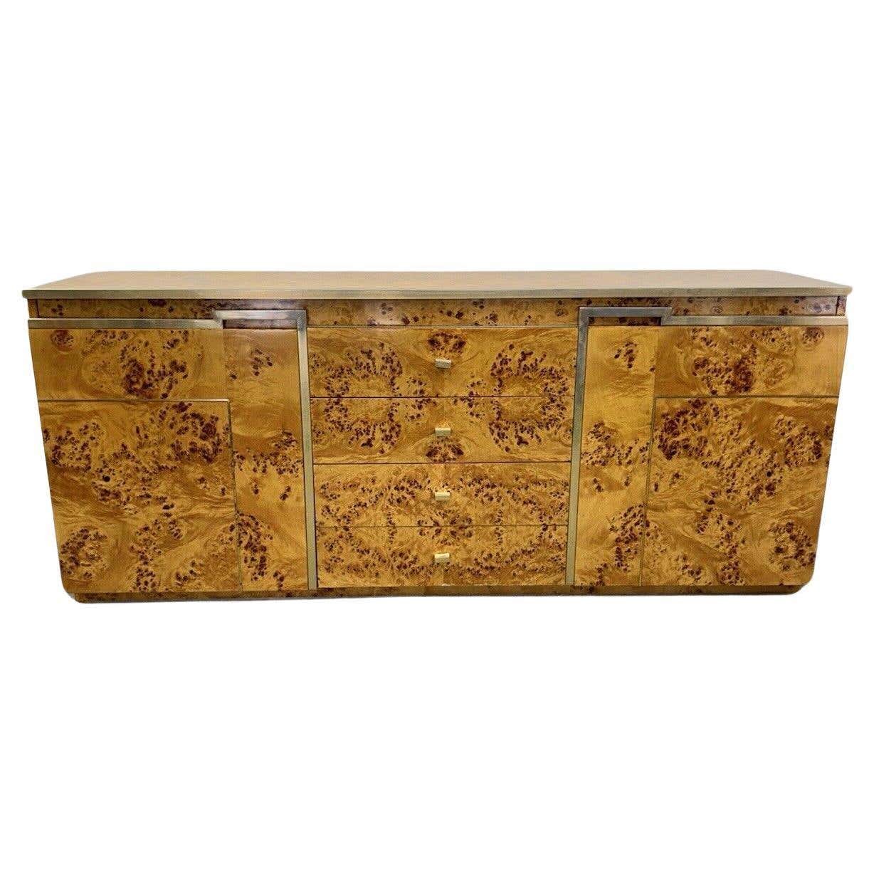 Chrome and Burl Wood Credenza in the Style of Willy Rizzo, Italy, 1970 ...
