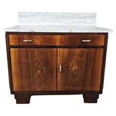 Walnut sideboard with marble top and brass wrought handles 1940s