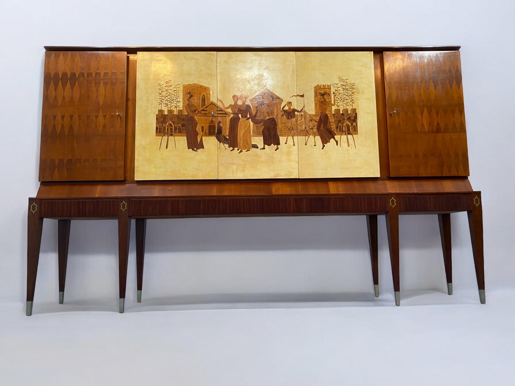 Credenza Italiana in pergamena intarsiata disegnata da Paolo Buffa nel 1950 For Sale 1