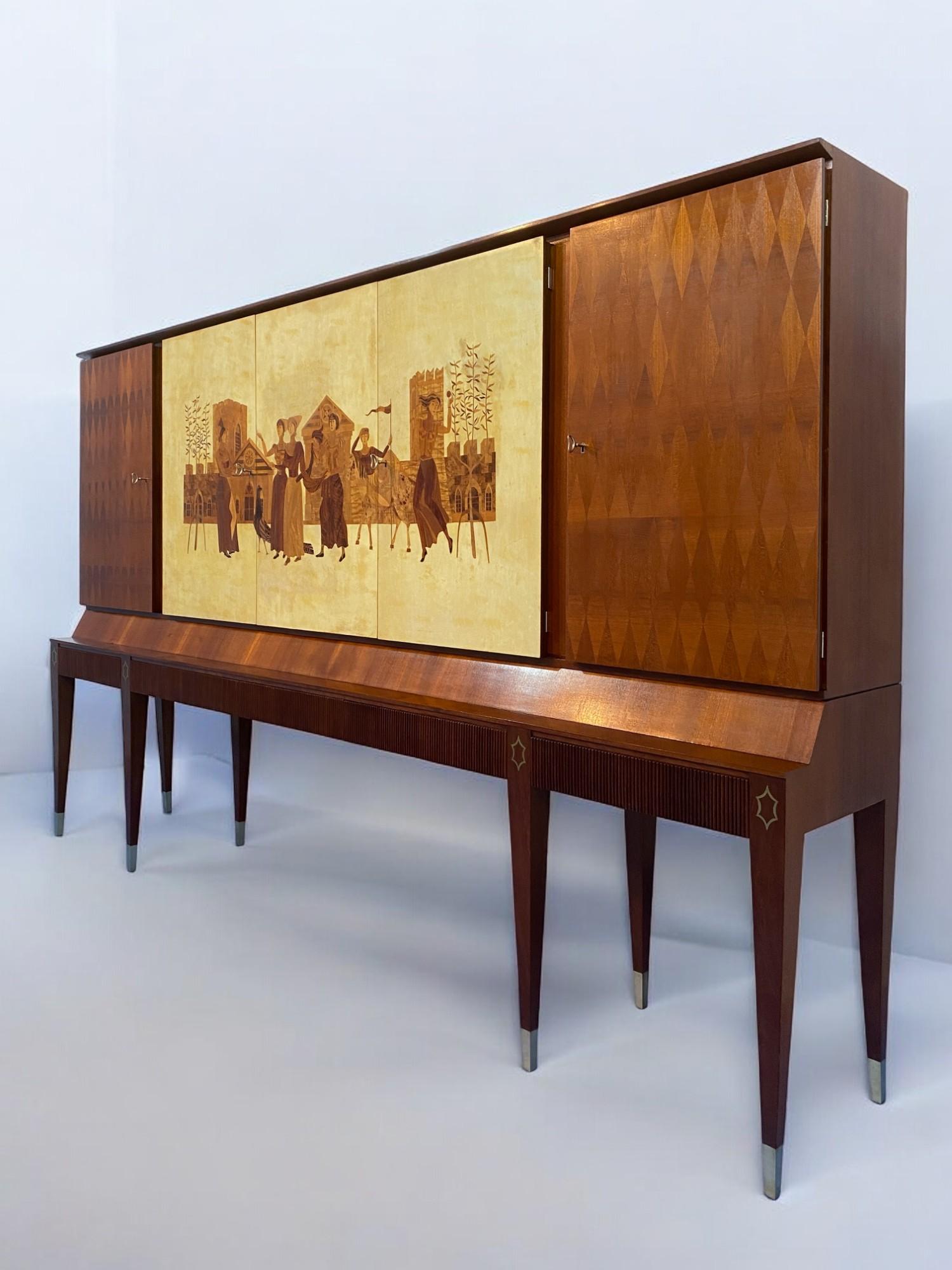 Credenza Italiana in pergamena intarsiata disegnata da Paolo Buffa nel 1950 For Sale 6