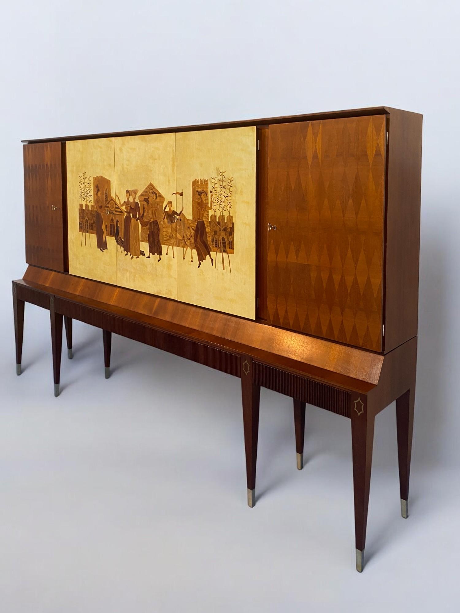European Credenza Italiana in pergamena intarsiata disegnata da Paolo Buffa nel 1950 For Sale