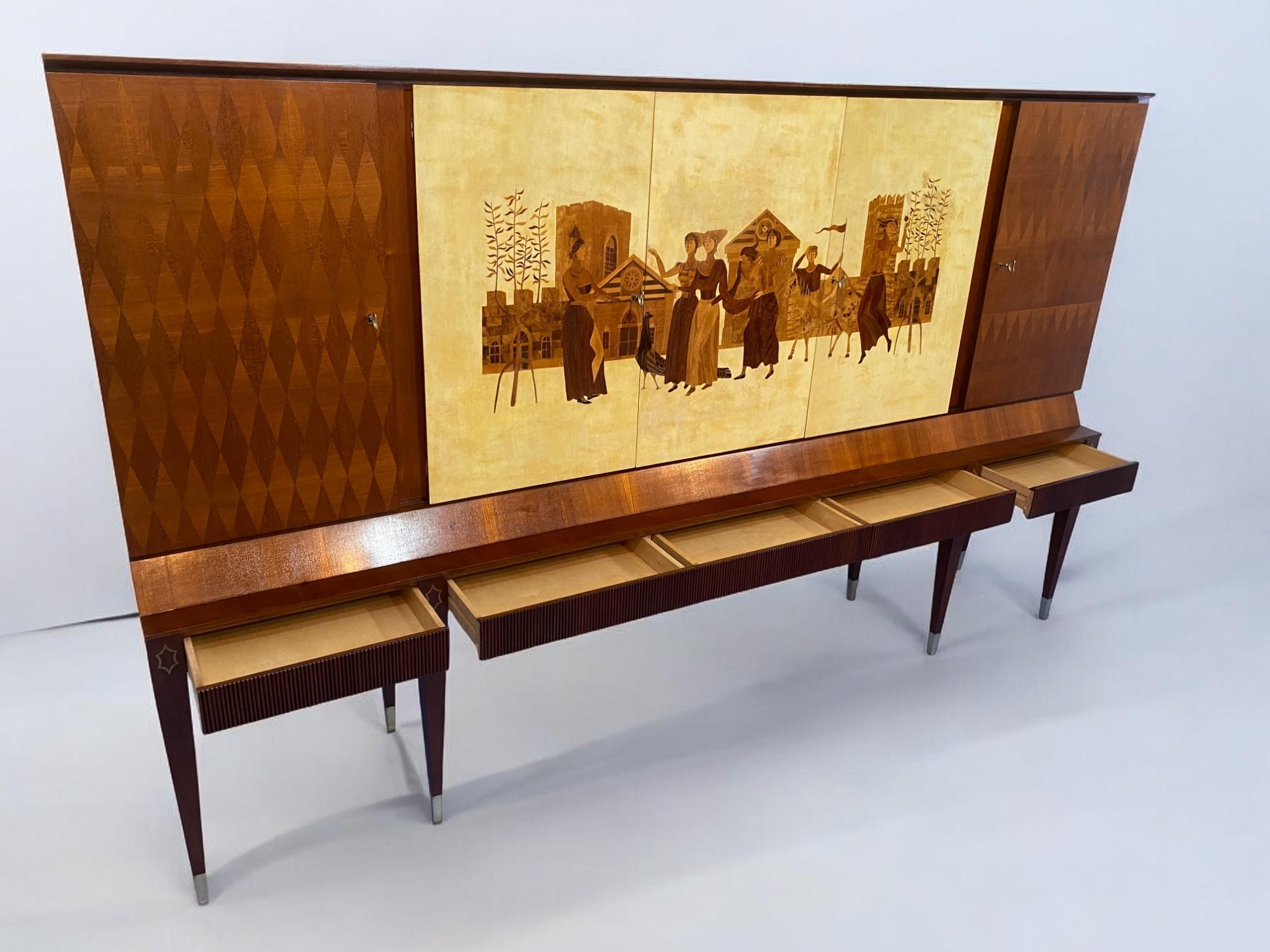 Inlay Credenza Italiana in pergamena intarsiata disegnata da Paolo Buffa nel 1950 For Sale