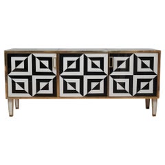 Modern Italian sideboard in black-and-white optical glass, wood, and brass