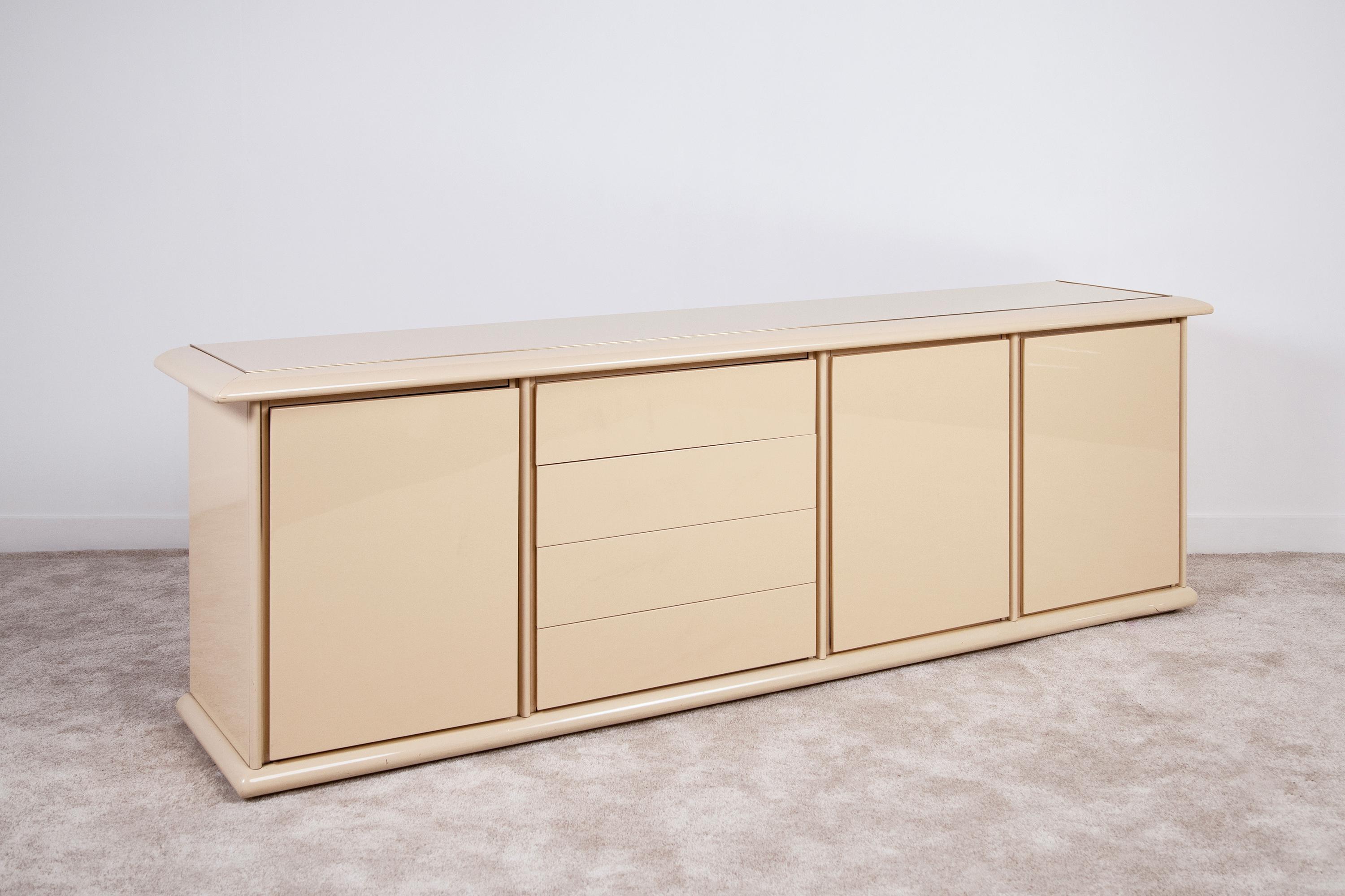 Hollywood Regency Lacquered sideboard with brass details, 1980s. For Sale