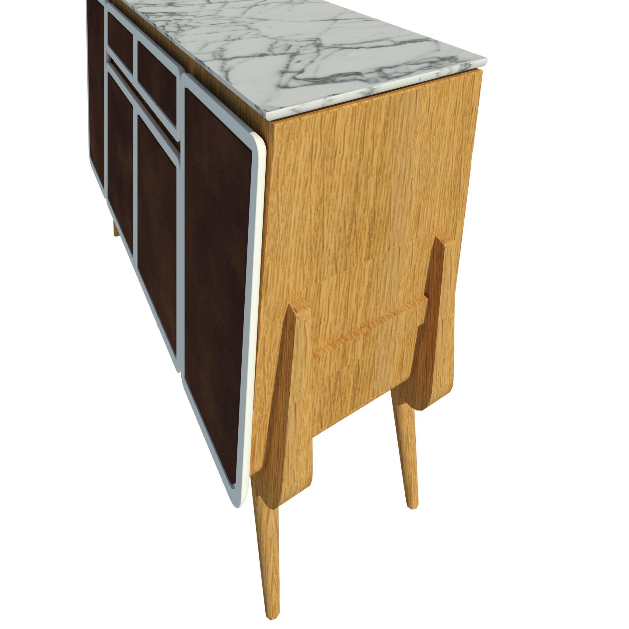 Polished Credenza M04 Contemporary Cabinet Lacquer White Oak Marble top Made in Italy For Sale