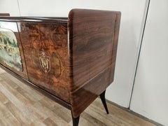 Credenza Mid-Century anni ’50 in mogano con piano in vetro e vano bar centrale