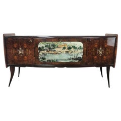 Credenza Mid-Century anni ’50 in mogano con piano in vetro e vano bar centrale