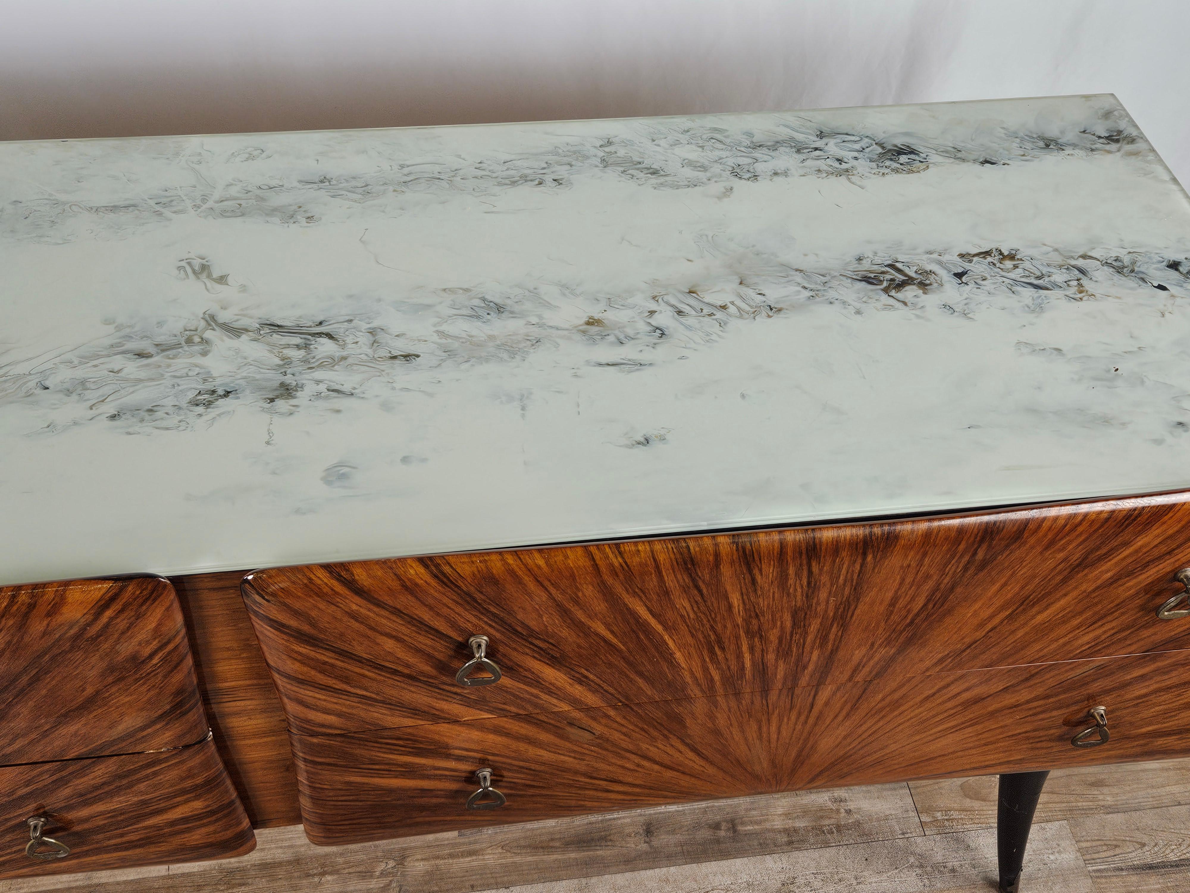 Mid-20th Century Mid Century four-drawer sideboard with decorated glass top For Sale