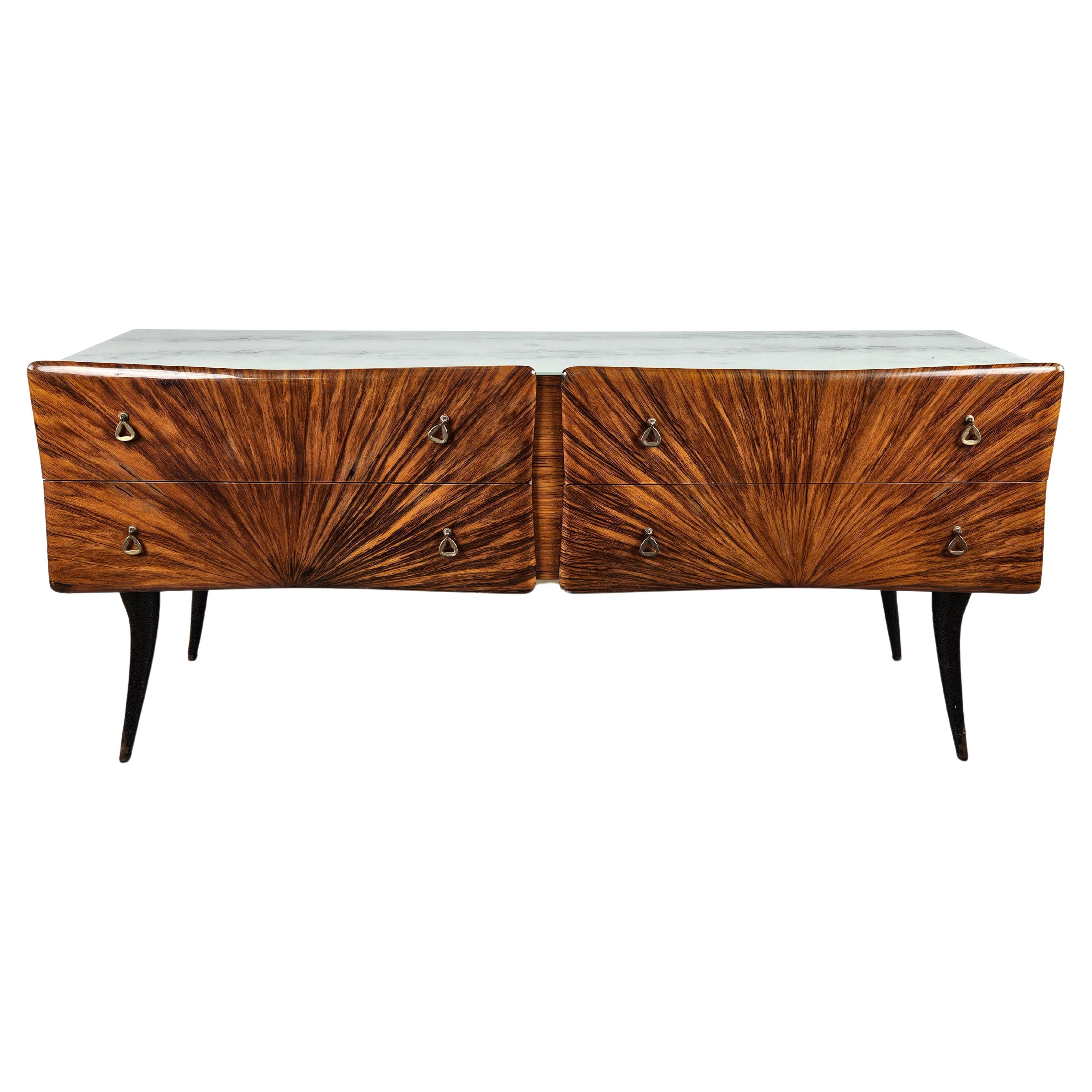 Mid Century four-drawer sideboard with decorated glass top For Sale