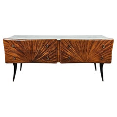 Mid Century four-drawer sideboard with decorated glass top