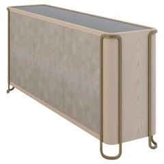 Credenza, Oak and Leather Body, Painted Glass Top, Antique Plated Metal Legs