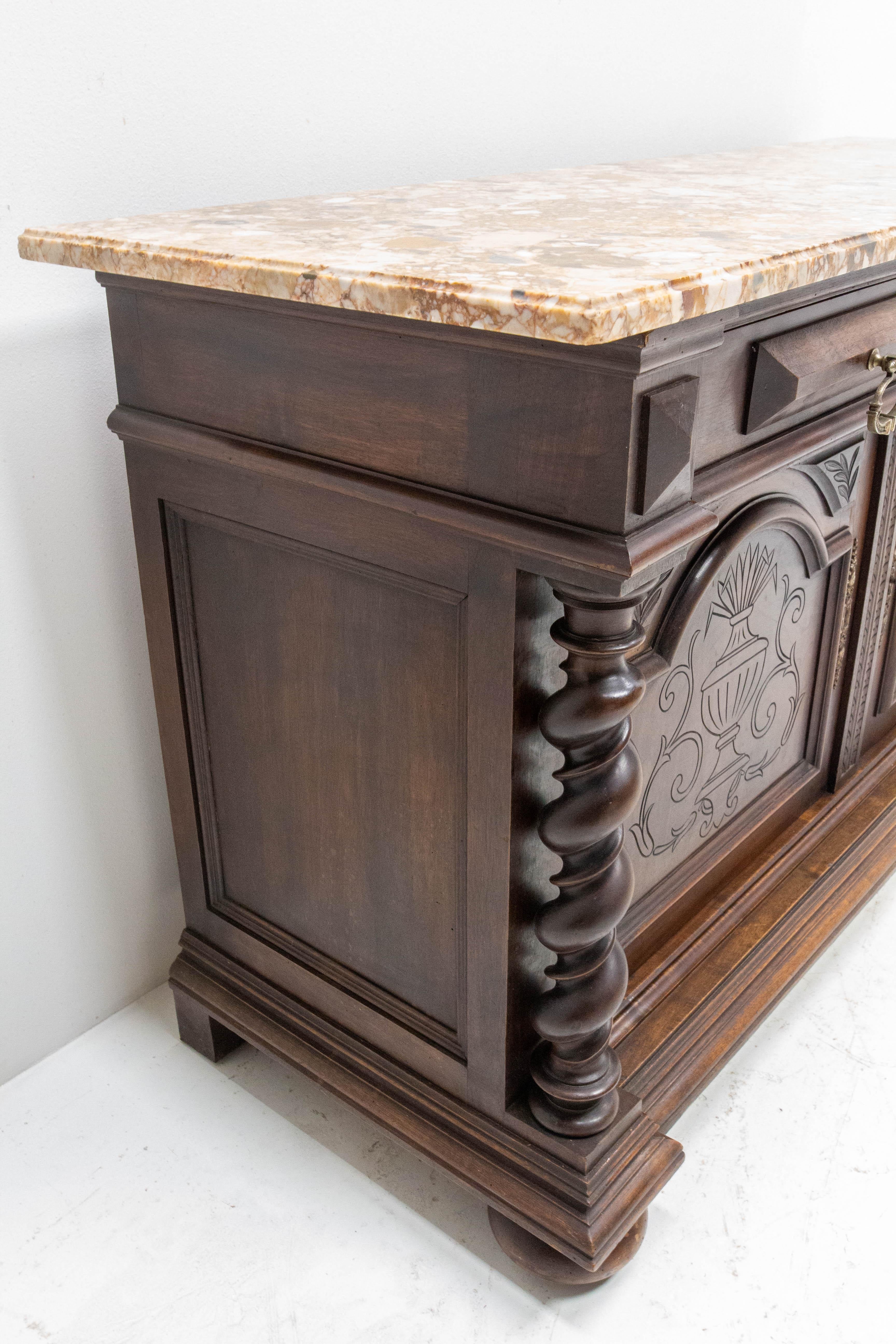 Credenza Sideboard French Marble-Top Buffet Louis XIII Style, Late 19th Century In Good Condition In Labrit, Landes