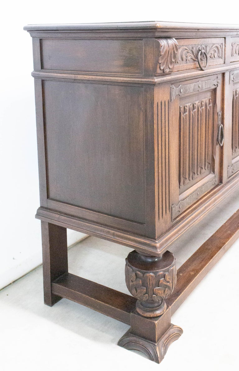 Credenza Sideboard Spanish Oak Four Doors Buffet Gothic Revival, circa