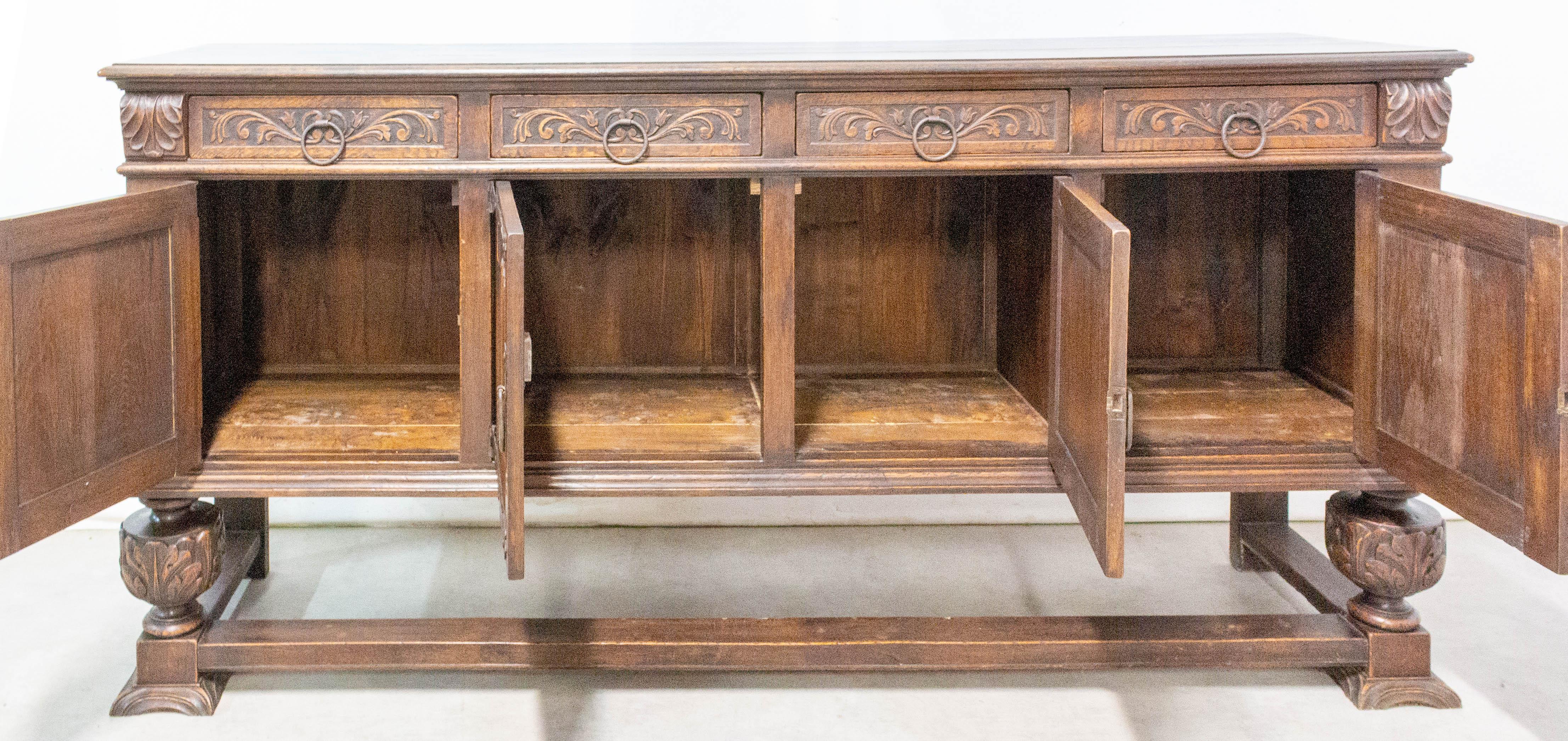 French Credenza Sideboard Spanish Oak Four Doors Buffet Gothic Revival, circa 1920